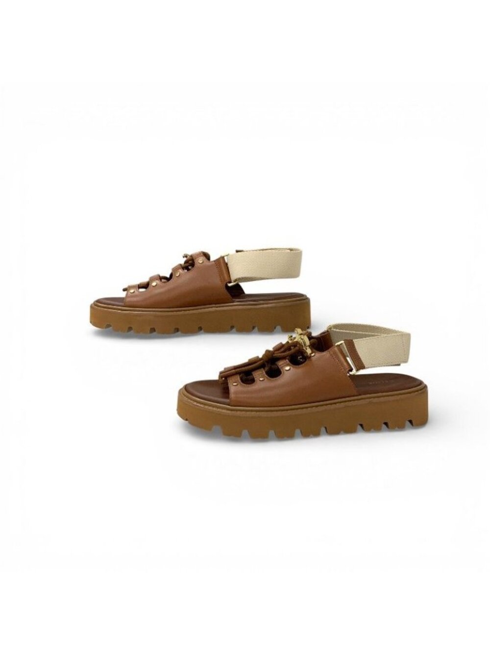 Celine Sandals Shoes Leather Canvas Brown Beige Gold Platform Strap Lace Up - Picture 2 of 9